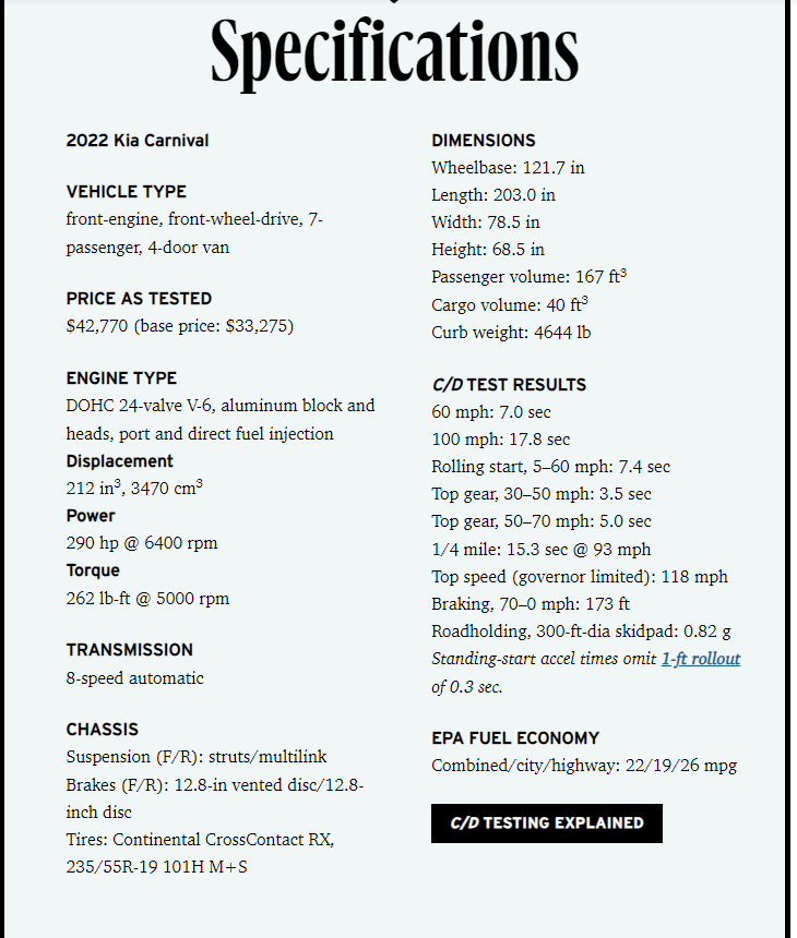 KIA Carnival specifications 2024 